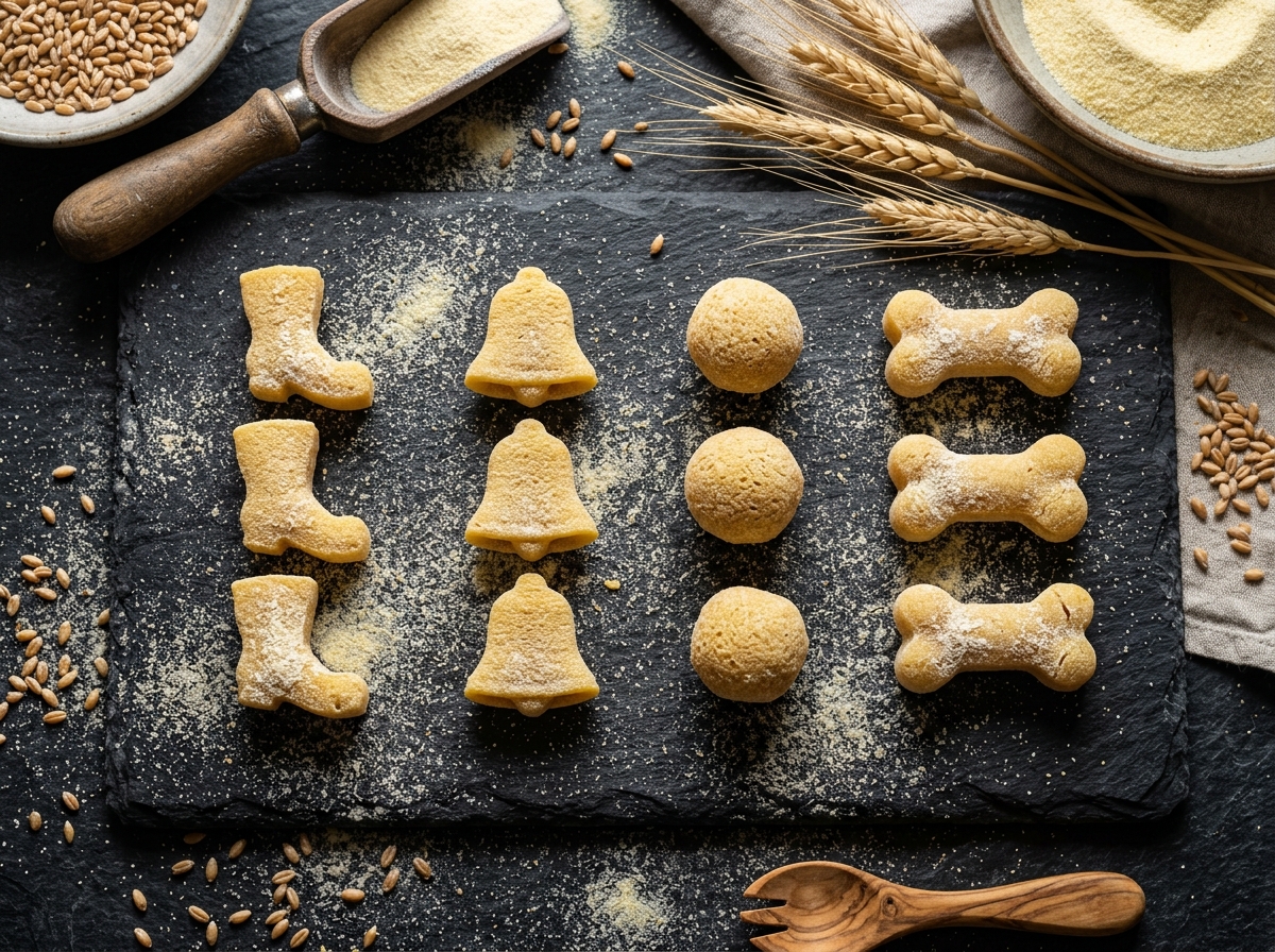 Four raw bronze-extruded McNugget pasta shapes