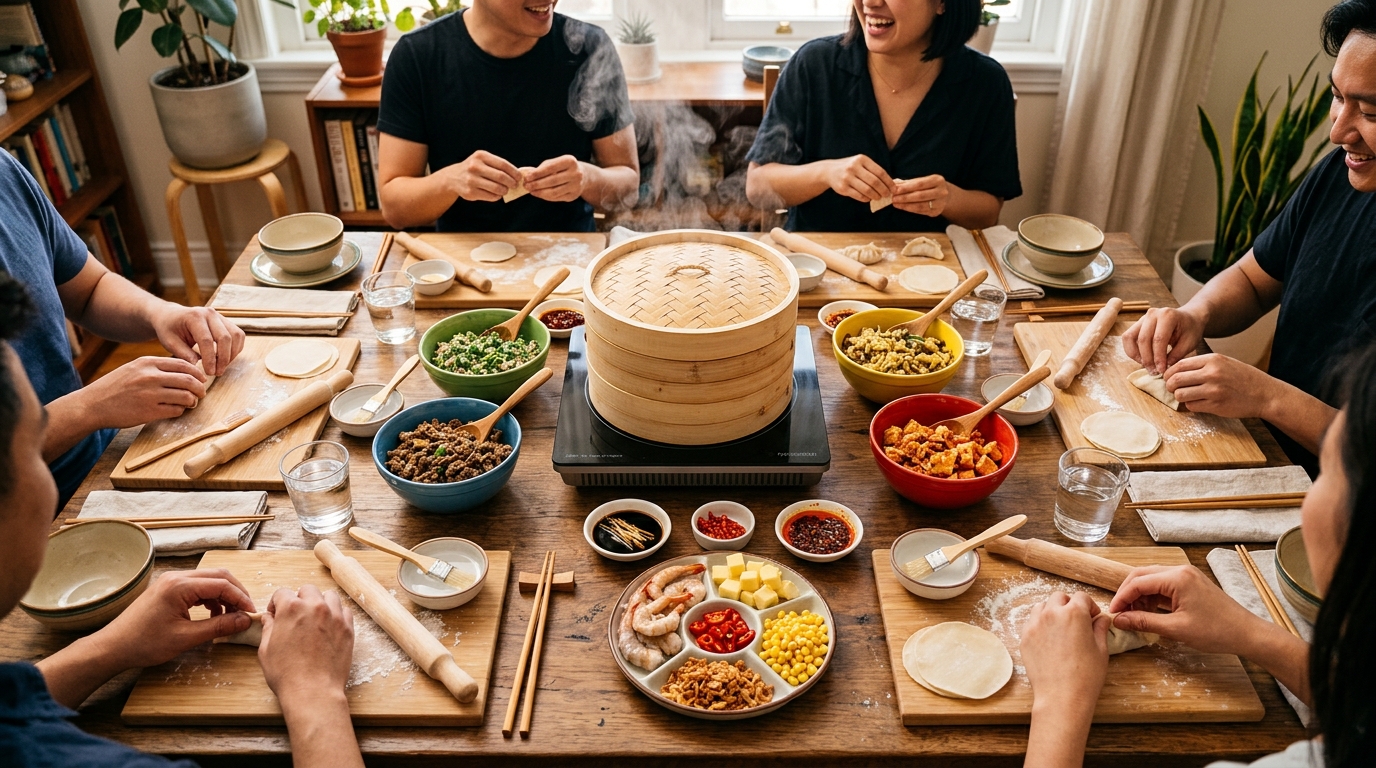 Four friends making and steaming dumplings together at a dining table